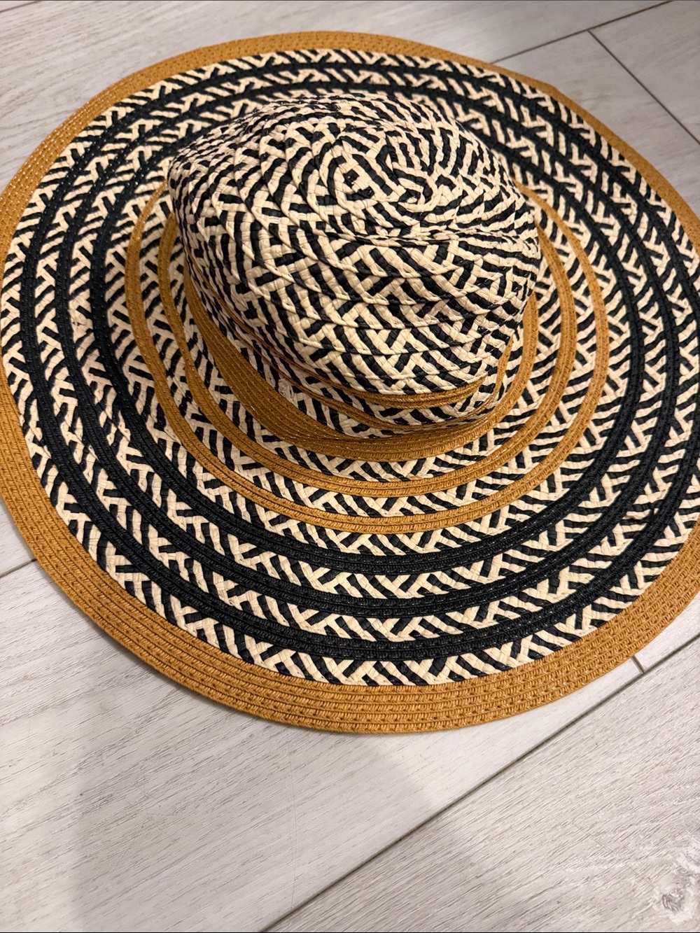Express Black & Natural Woven Straw Hat with Brown Trim